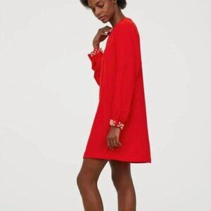 H&M Pearl Cuff Long Sleeve Shift Dress Red 10 holiday valentines preppy cocktail